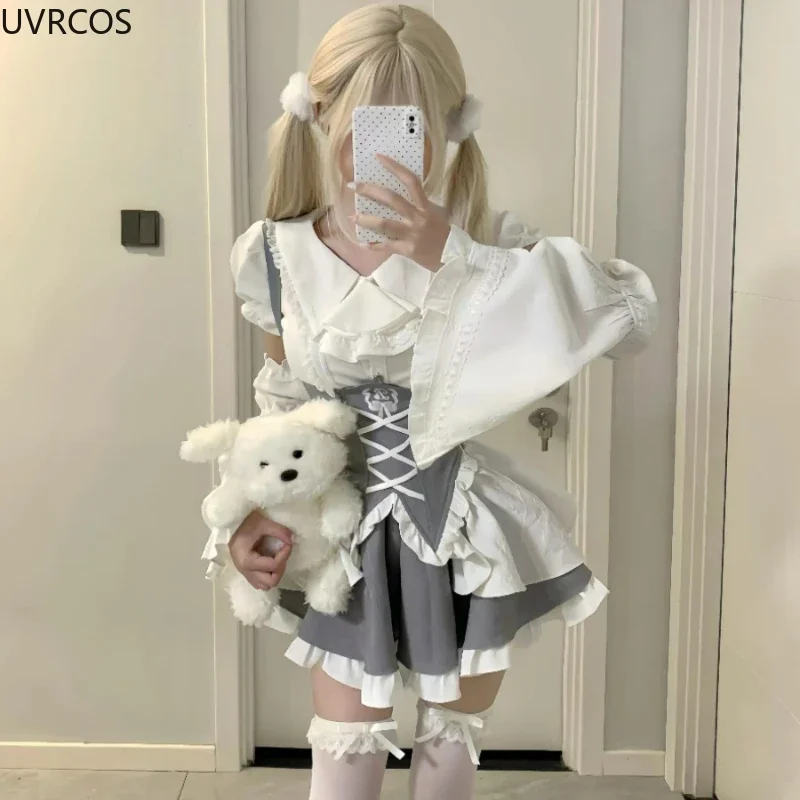 Japanese Gothic Lolita Dress Set Women Preppy Style Slim Bandage Ruffle Princess Mini Dresses Girl Sweet Y2k Evening Party Dress