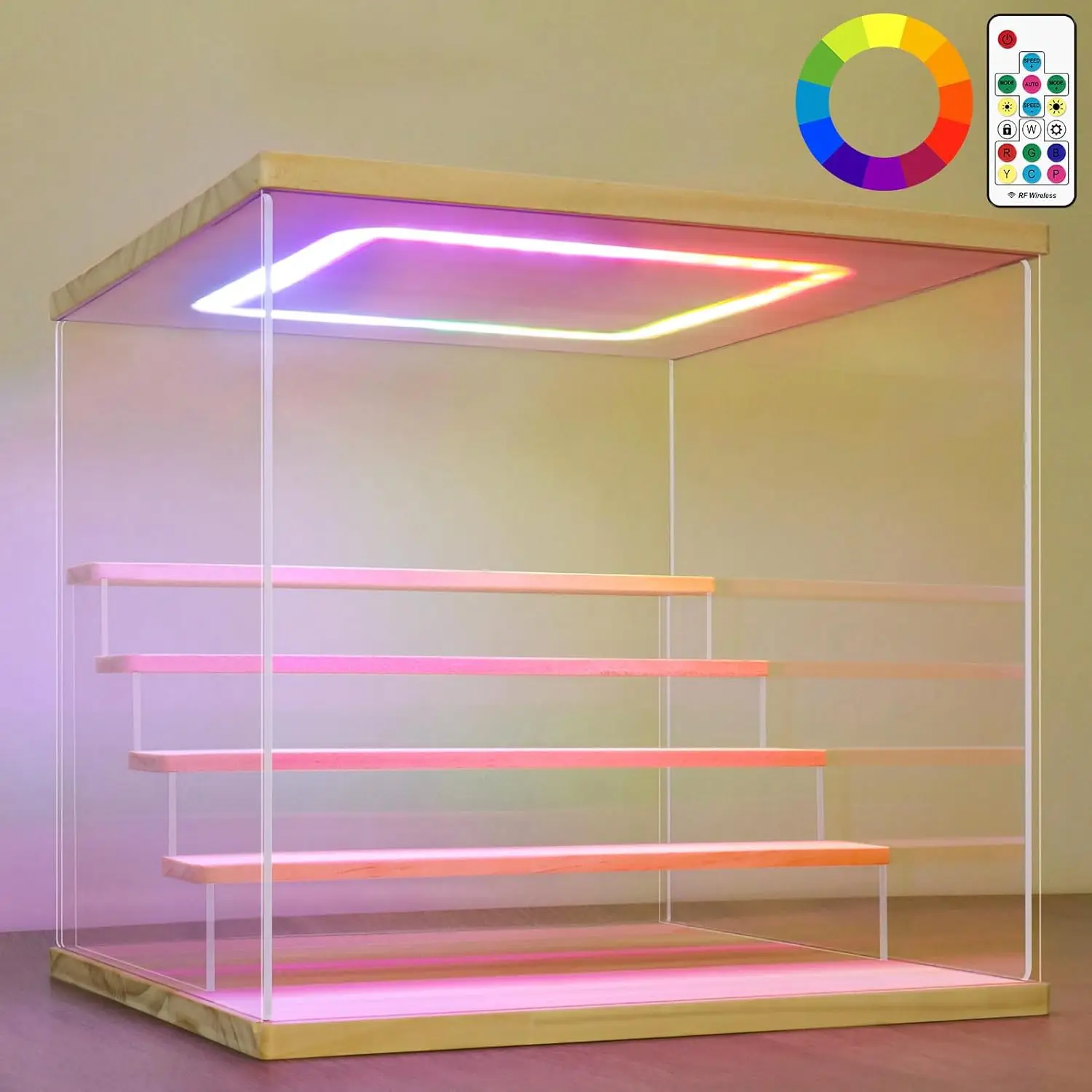 Clear Acrylic Display Case with Light ,5 Tier Multiple Color Lights via Remote Control Dustproof Display Box for Collectib