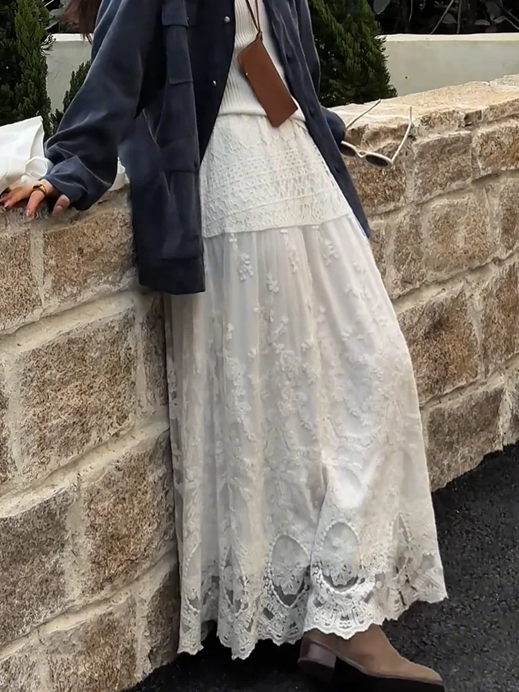 

Ele белая кружевная юбка трапециевидной формы, женская модная весенняя новая юбка длиной до пола с тяжелой вышивкой