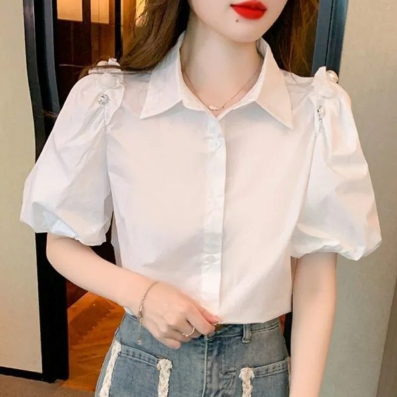 Fashion Solid Color Short Sleeve Shirts Tops Summer 2024 New Korean Commuter Polo-Neck Button Patchwork Beading Women\'s Blouses