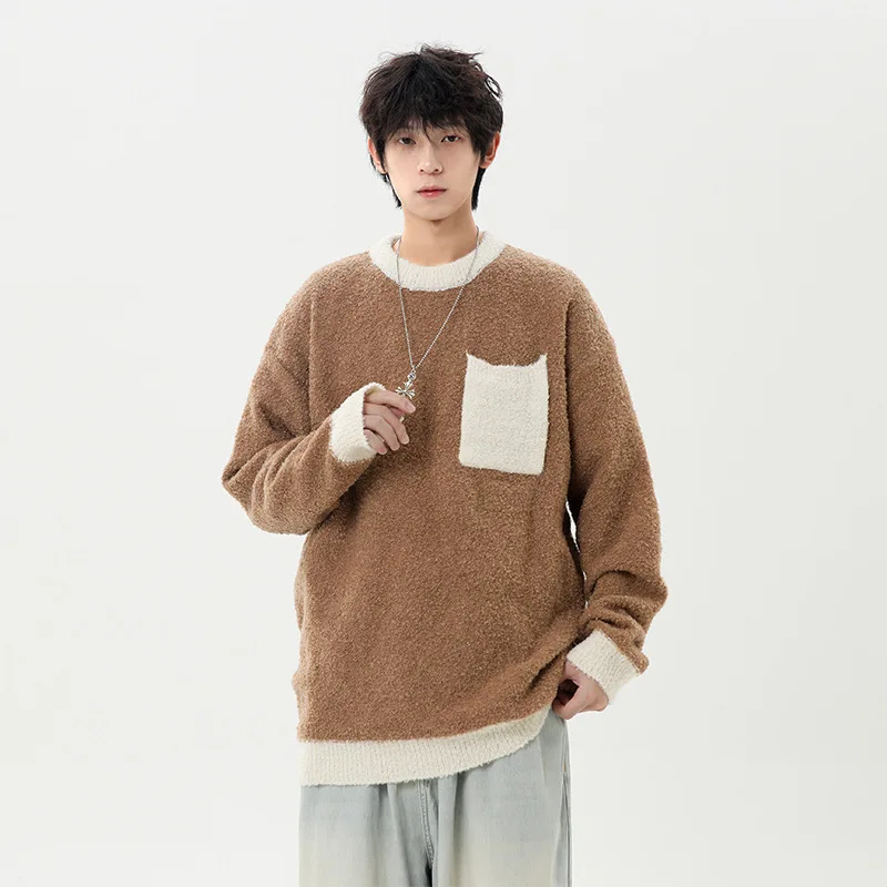 

Color Blocking Round Neck Sweater Knitted Sweater for Men, New Autumn and Winter 2025 Style Pullover for Men's Wear