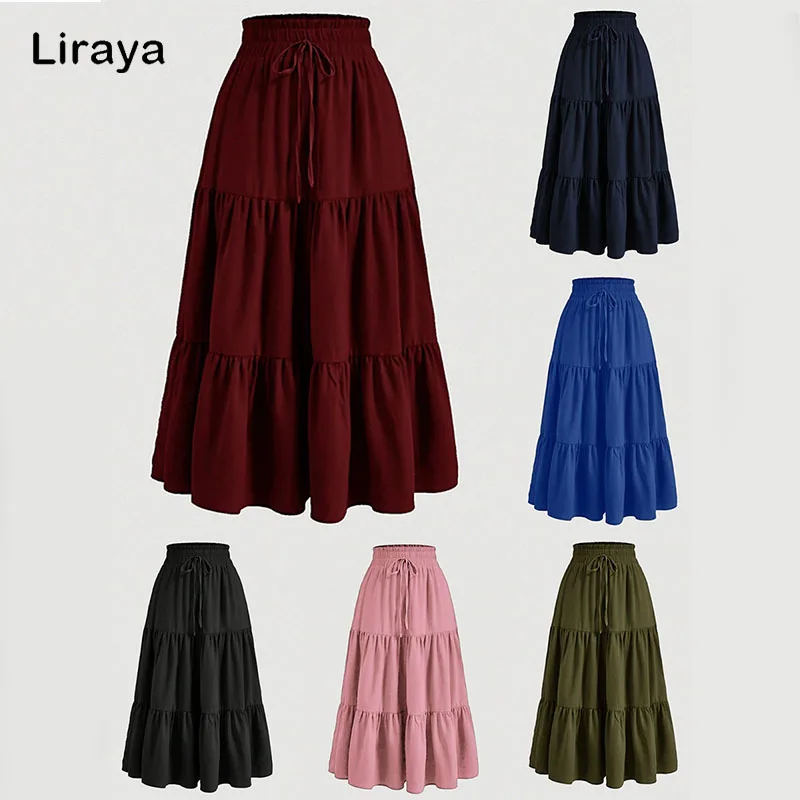 1PC Women's Summer Solid Color Bohemian A-line Midi Skirts 2026 New Female Vacation Casual Loose Faldas