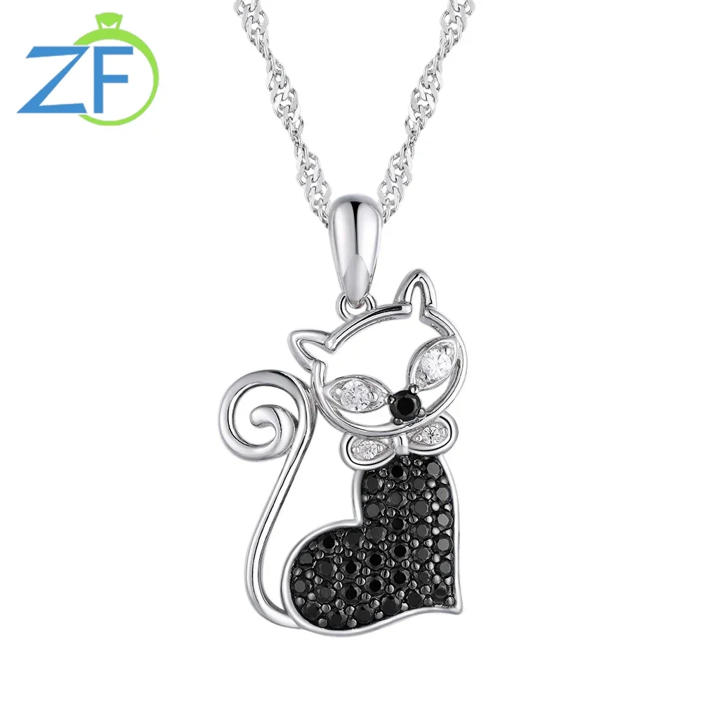 

GZ ZONGFA 925 Sterling Silver Cute Cat Pendant Necklace Black Spinel Gem for Women Necklace Fine Jewelry Accessories