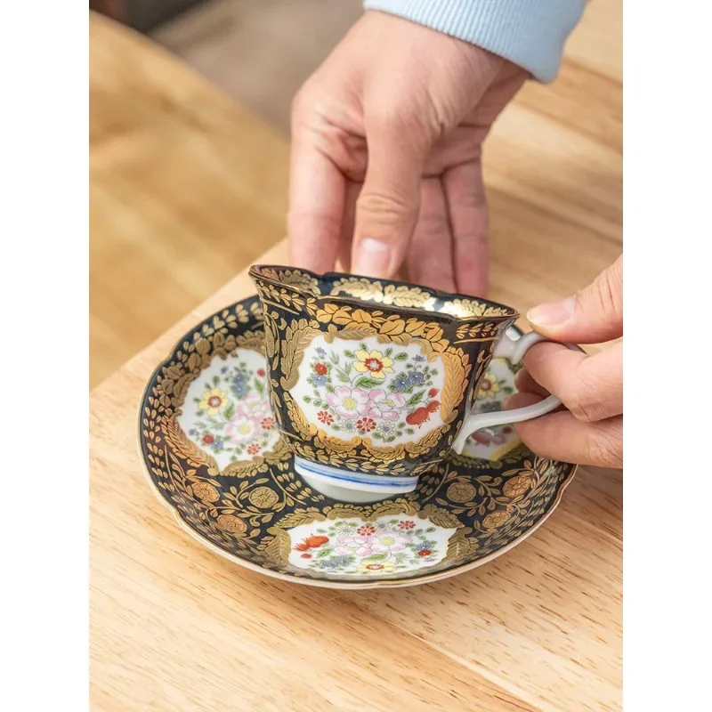 Vintage glaze colored gold hand ceramic coffee cup and saucer, afternoon tea set