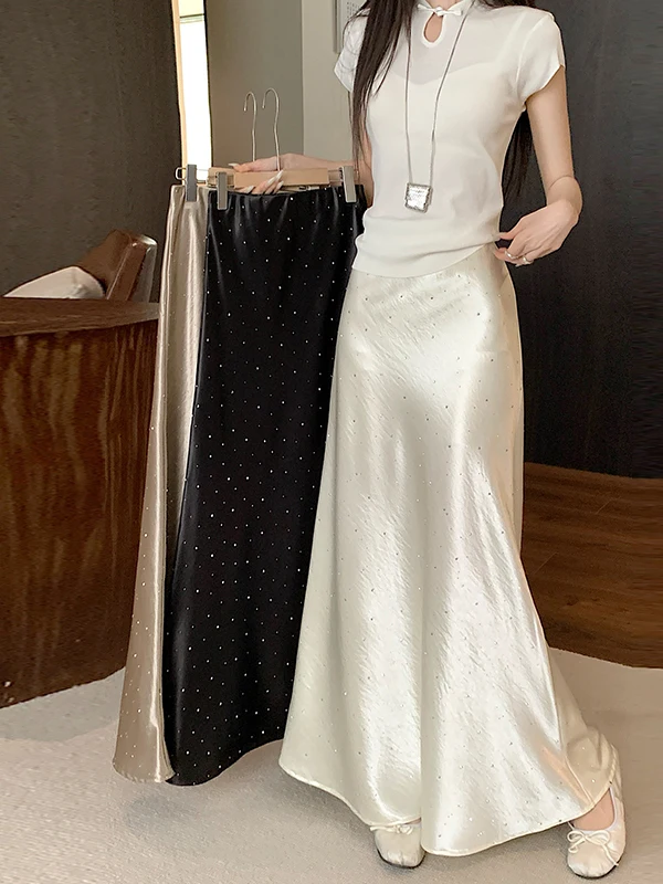 

Потрясающая атласная юбка с пайетками, женская, с завышенной талией, облегающая, А-силуэт, длинная, весенняя новинка, корейская версия