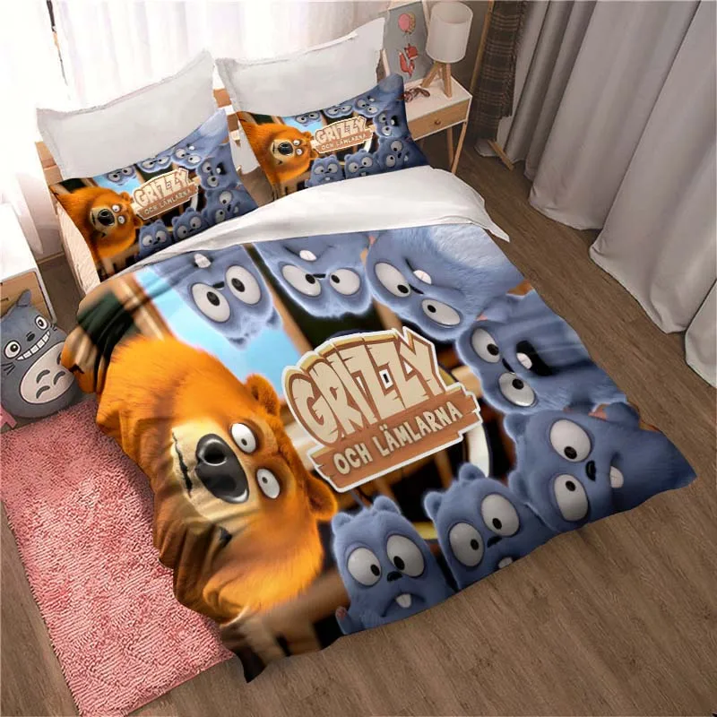 

Grizzy and The Lemmings Bedding Set Adult Children's Bedroom Soft Duvet Set Single Double King Bed Set Cartoon Quilt Cover Set