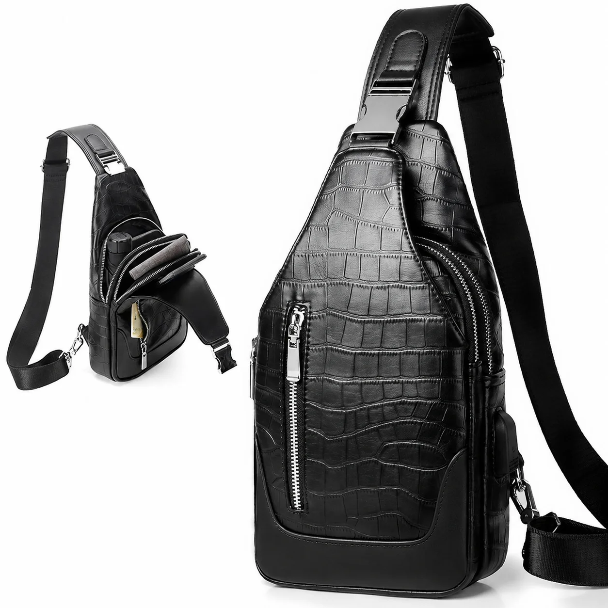 Crocodile‑Texture Waterproof Chest Bag With USB Charging Port Men Multifunctional Shoulder Crossbody Pack For Commuting Travel