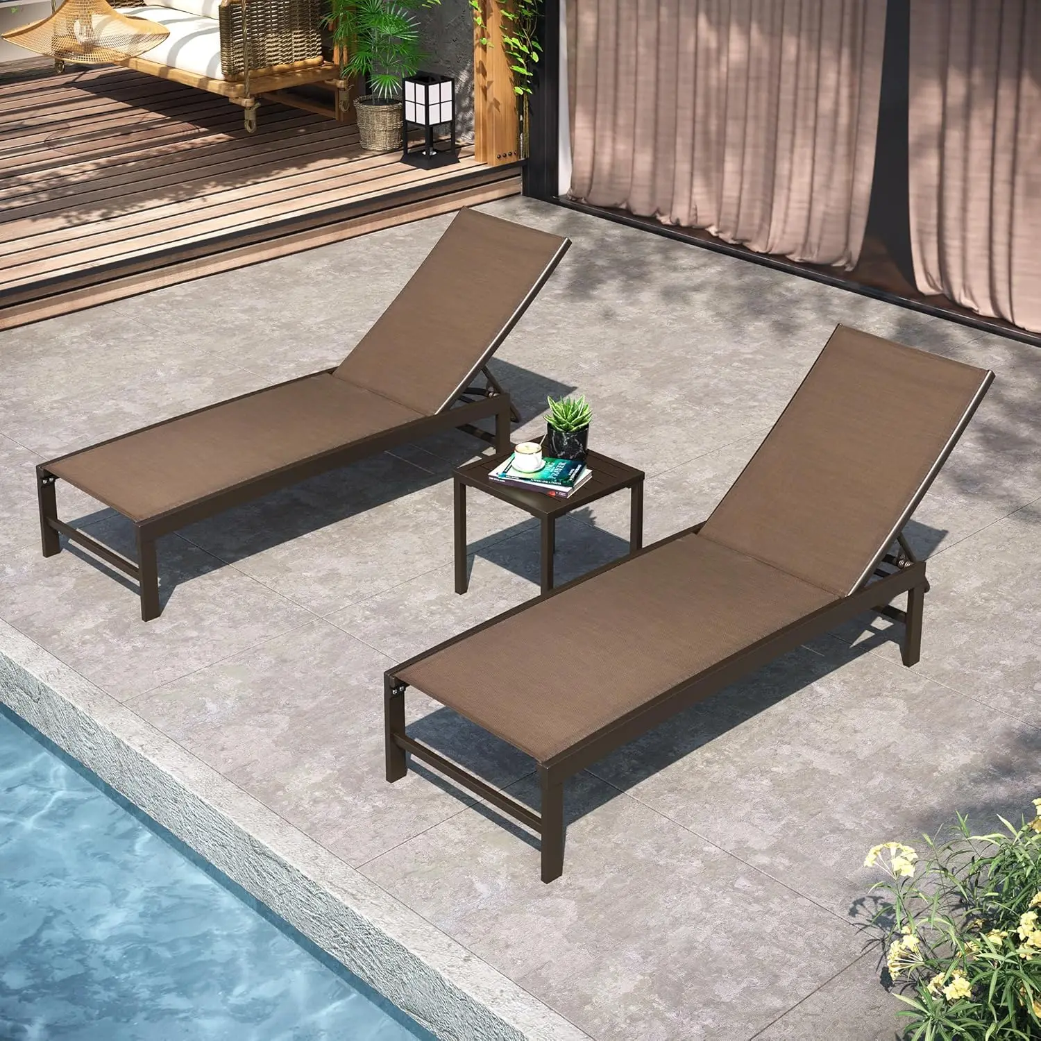 Pellebant Outdoor Lounge Chairs Set Of 2 With Side Table, Patio Aluminum Chaise Lounge With Adjustable Backrest, Rustproof Pool