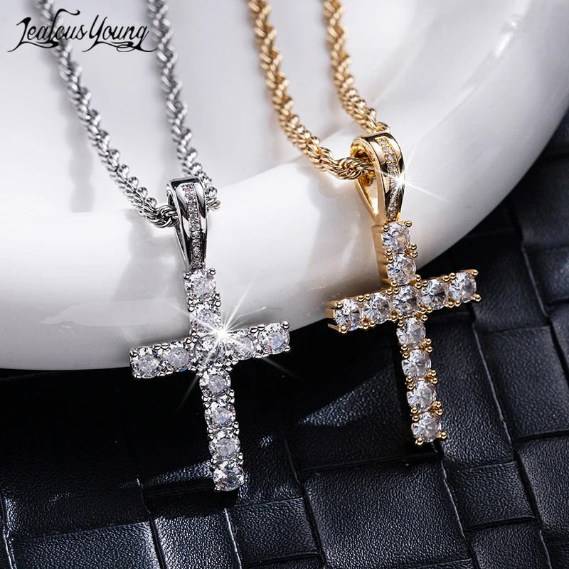 Luxury Silver Color Necklace Charming Men Hip Hop Zircon Stack Fashion Cross Goth Necklaces High Quality Jewelry שרשרת