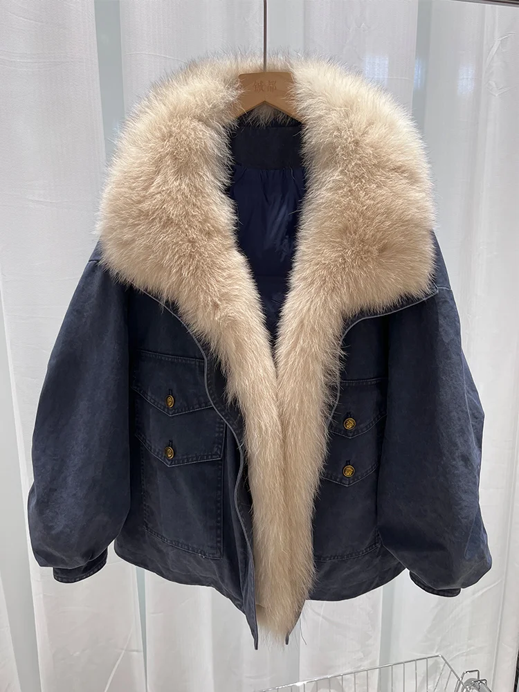 Cusual Winter Warm Women Real Natural Fox Fur Collar Goose Down Jackets Loose Puffer Parka Jackets Thick Female Streetwear