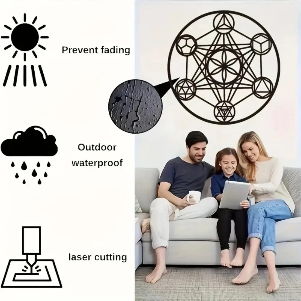 CIFBUY 1pc Vintage Metatron's Cube Metal Wall Art, 8x12 Inch Sacred Geometry Laser Cut Sculpture,