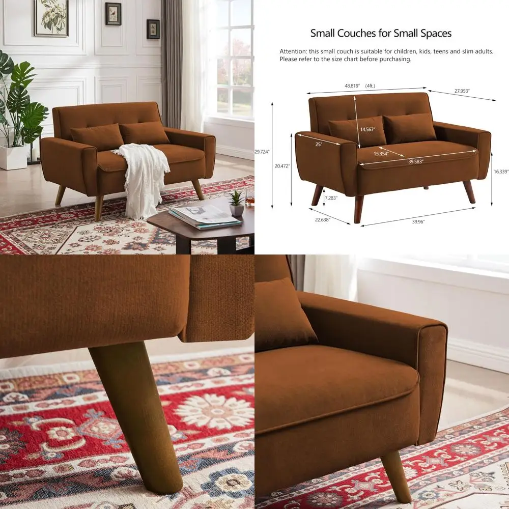 أريكة بمقعدين حديثة لمنتصف القرن مع وسائد خلفية وأرجل خشبية لغرفة المعيشة وأريكة صغيرة صديقة للمساحة