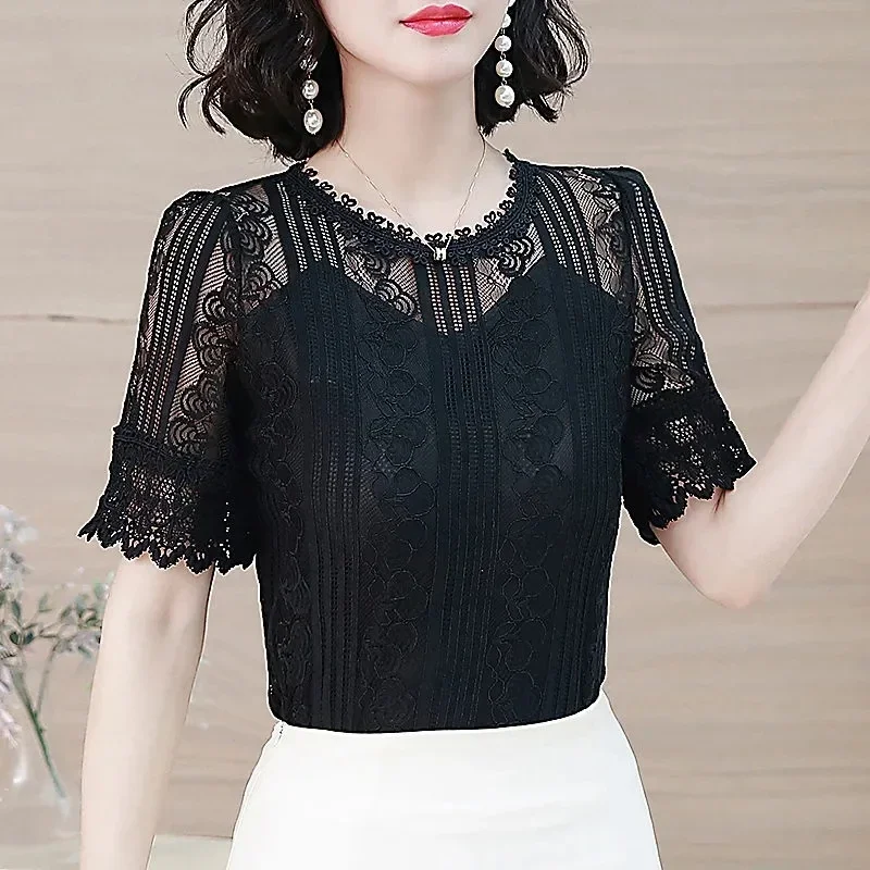 Sexy Summer Lace Blouses Women 2024 Korean Fashion Clothes Casual Blusas Femininas Slim Chiffon Shirts See Through Ladies Tops