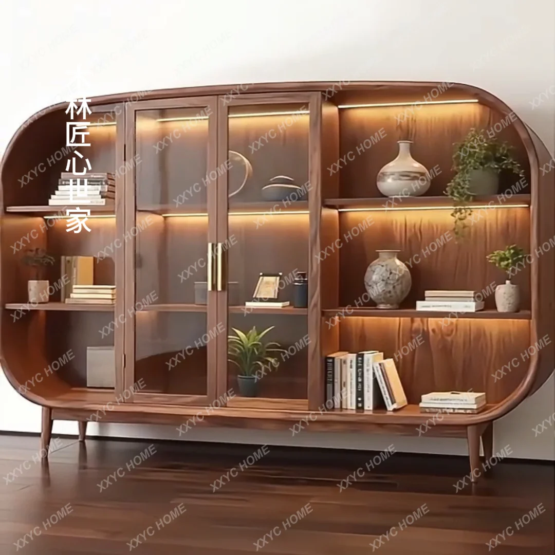 Solid wood bookcase household living room wall storage cabinet bookshelf glass door wine cabinet