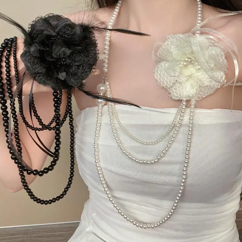 Multi-Layer Pearl Long Necklace Rose Flower Design Sweater Chain Jewelry Accessories For Women
