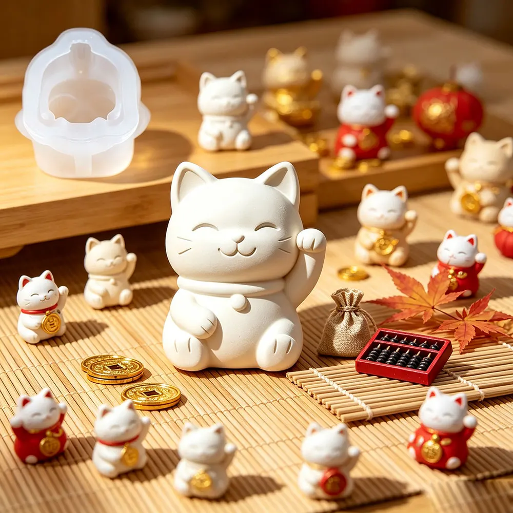 3D Lucky Cat Candle Mold, Cute Fortune Cat Silicone Mould for Resin Soap Plaster Clay, DIY Aromatherapy Home Decor Craft Gift