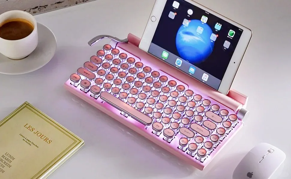 Retro Sakura Pink Typewriter Bluetooth Keyboard  Steam Punk Dot Green Switches White Backlight Wireless Mechanical Keyboard