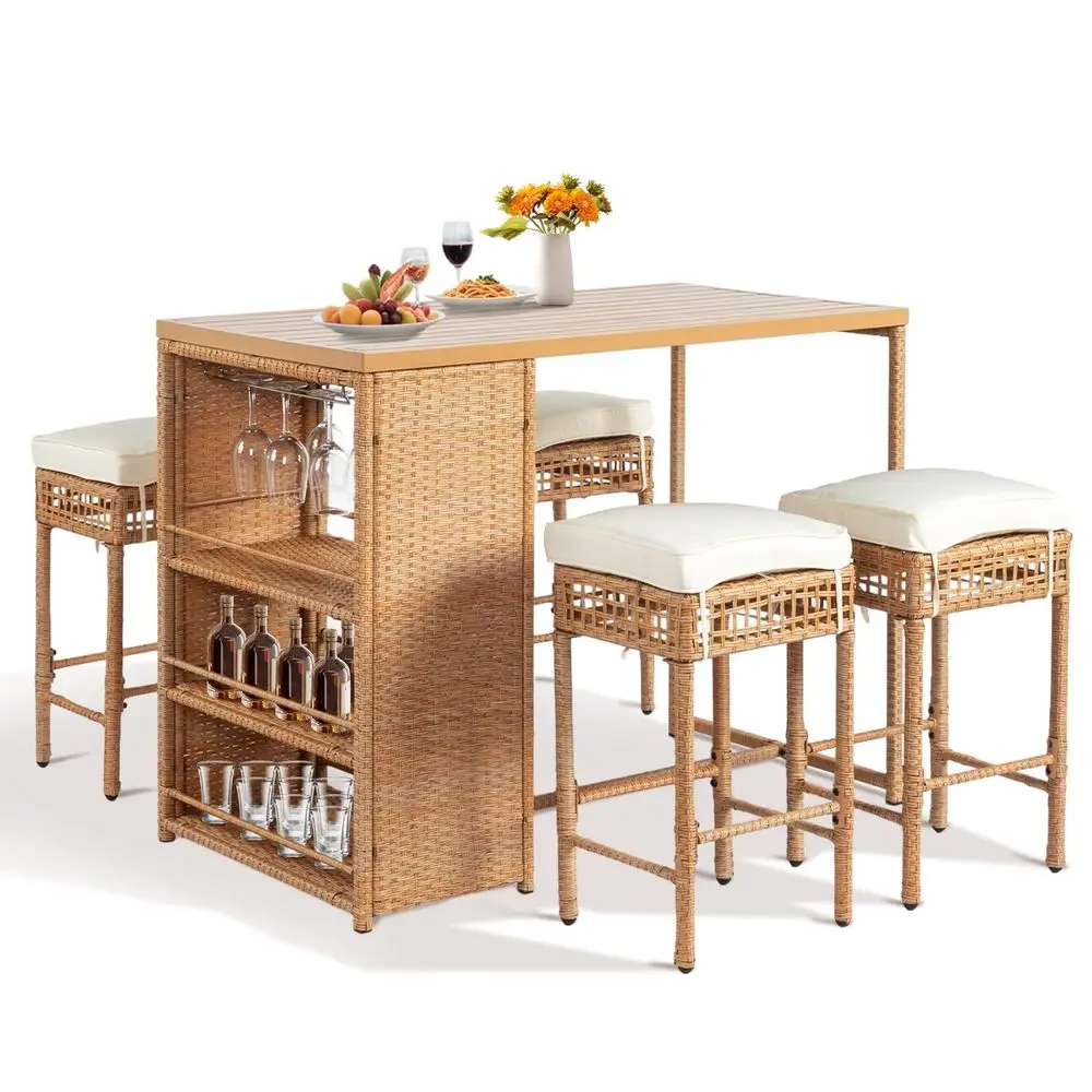

5Piece Outdoor Bar Set, Wicker Rattan Bar Height Patio Set w 4 Cushion Bar Stools amp Table with Hidden Storage, Outdoor High T
