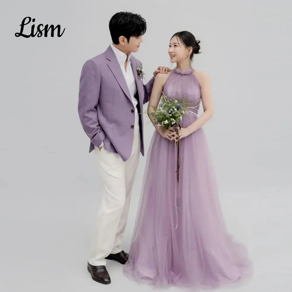 

Lism Purple Tulle Evening Dress Korea Wedding Photo Shoot Halter Sleeveless A line Long Party Dress Corset Customized 2026