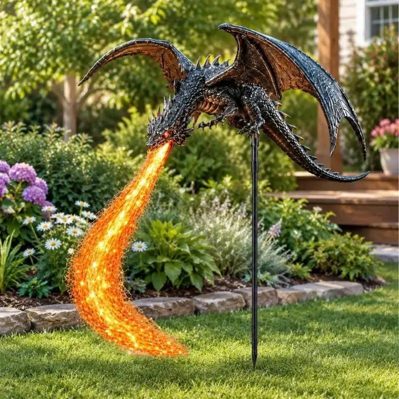 Dragon Sculpture with Daytime Solar Charging, Automatic Evening Lighting, and a Flame Effect for Lawns, Yards, and Flower Garden