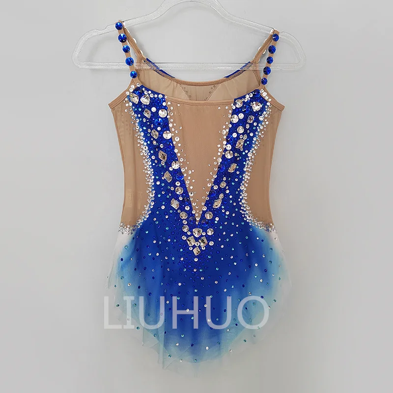 LIUHUO Women’s Dance Rhythmic Gymnastics Leotards Girls Colorful Diamond Tassels Competition Performance Blue Color