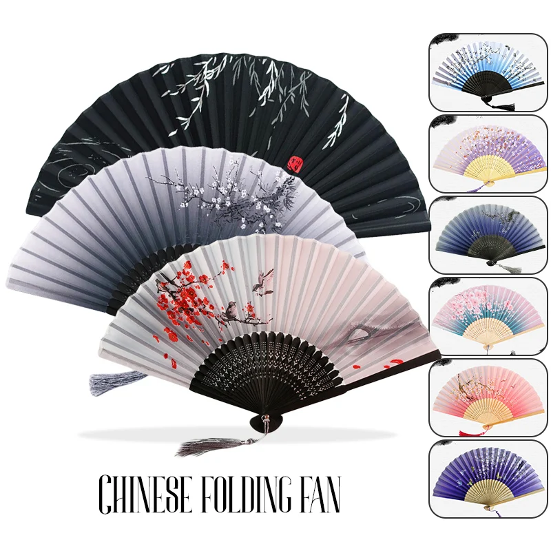 

Vintage Style Silk Folding Fan Bamboo Chinese Japanese Pattern Art Craft Gift Home Decoration Ornaments Hanfu Dance Hand Fan
