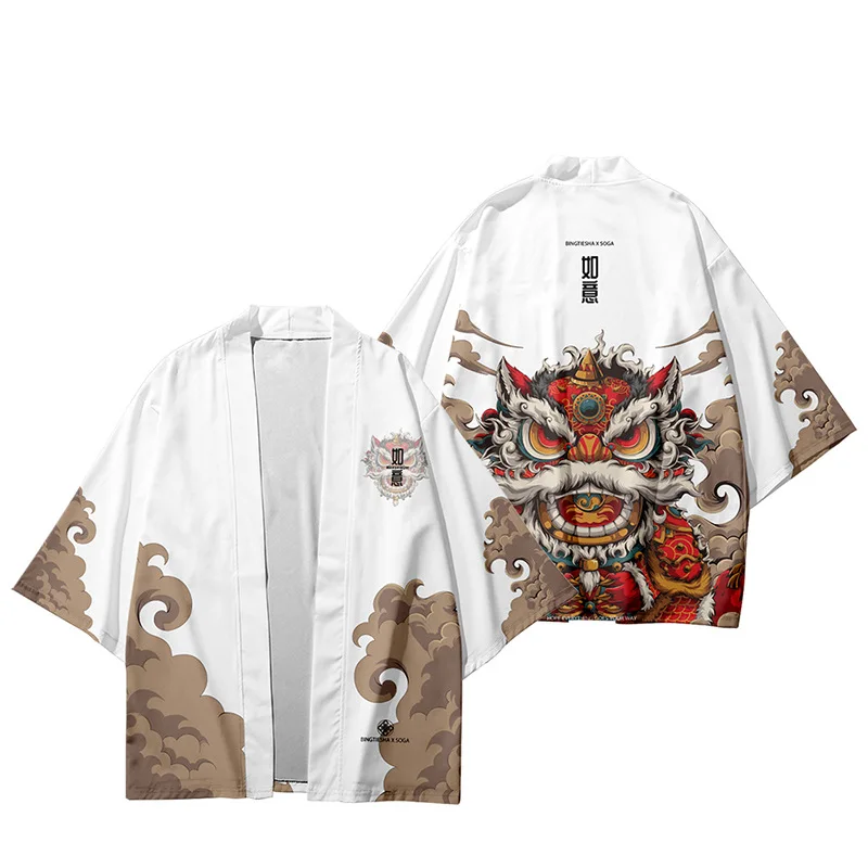 

Fashion Chinese Lion Dance Print Haori 2024 Summer Cardigan Women Men Oversized Yukata Clothing Kimono