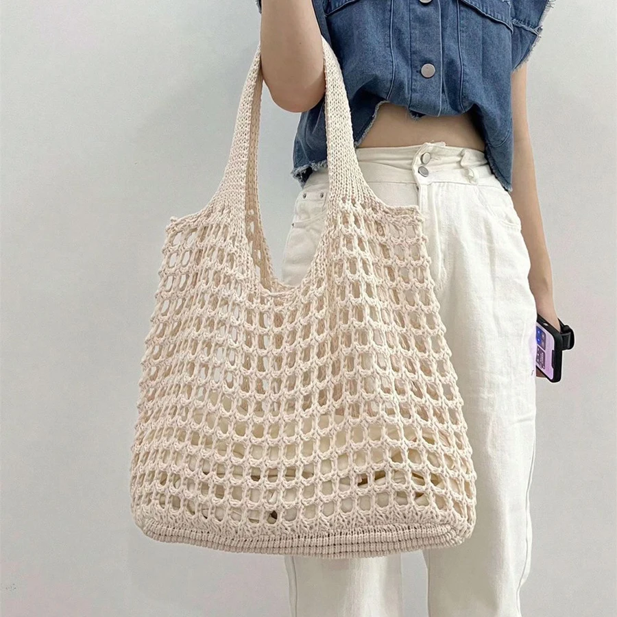 

Casual Hollow Out Large Capacity Tote Bag Knitted Women Shoulder Bags Weave Lady Handbag Summer Beach Bag Big Bali Shopper Purse