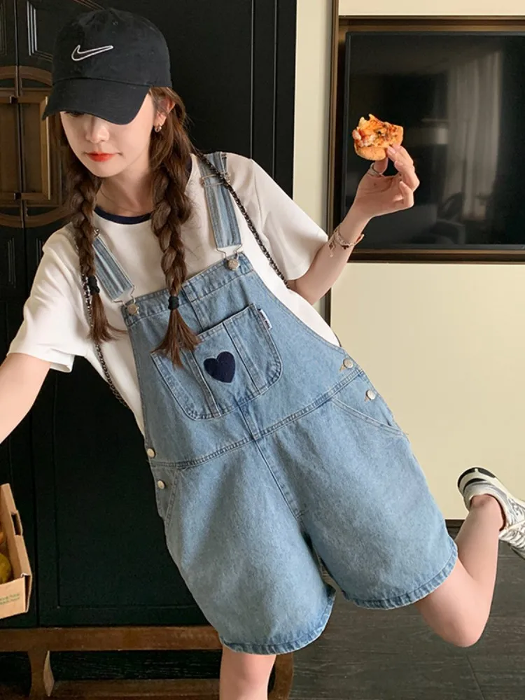 

Summer New Style Korean Lazy Casual Heart Pattern Denim Overalls Wide Leg Shorts Two Piece Set Nylon Fabric Women's Suit