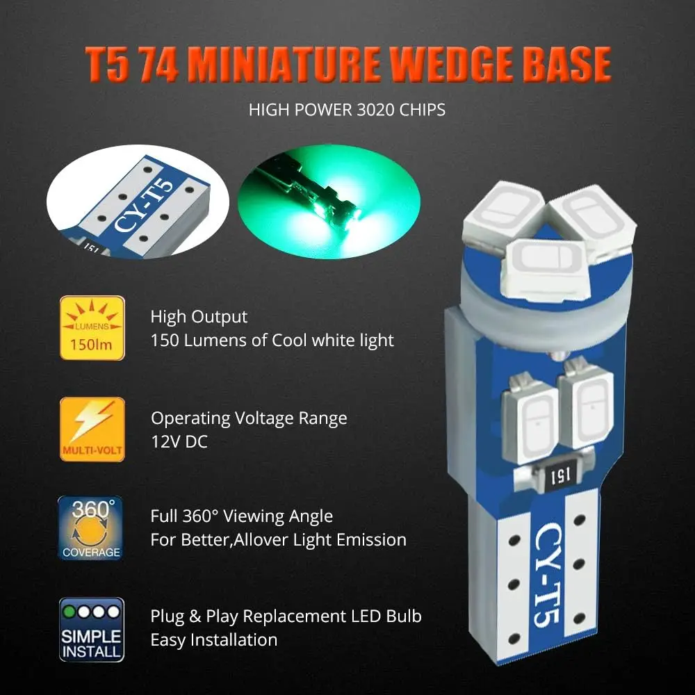 20x Super Bright T5 LED Bulbs 7 SMD 3020 Chips Instrument Speedo Gauge Cluster 37 73 74 79 17 57 LED Lights Bulb.