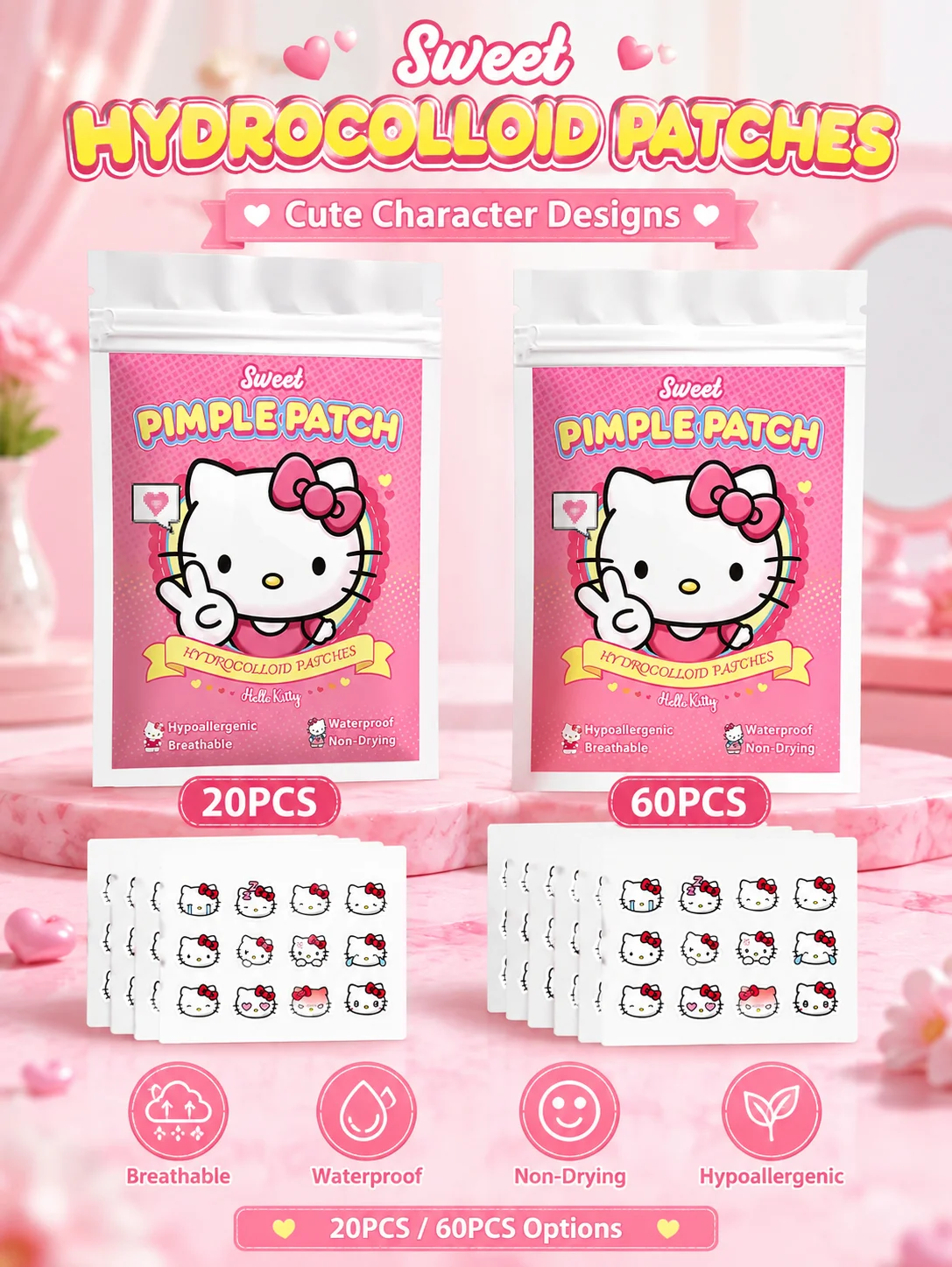 Sanrio Acne Pimple Patches, Hydrocolloid Spot Cover Stickers, Cute Face Care Patches for Daily Use