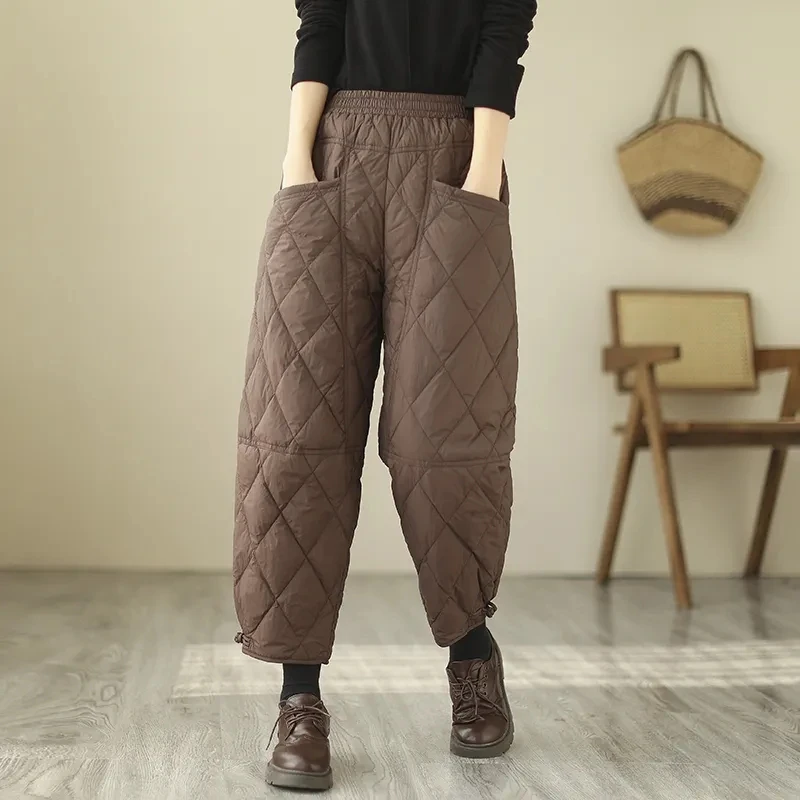 

Women's Autumn and Winter Solid Color Rhombus Down Pants Retro Big Pocket Cotton Pants Padded Thick Warm Elastic Waist Trousers