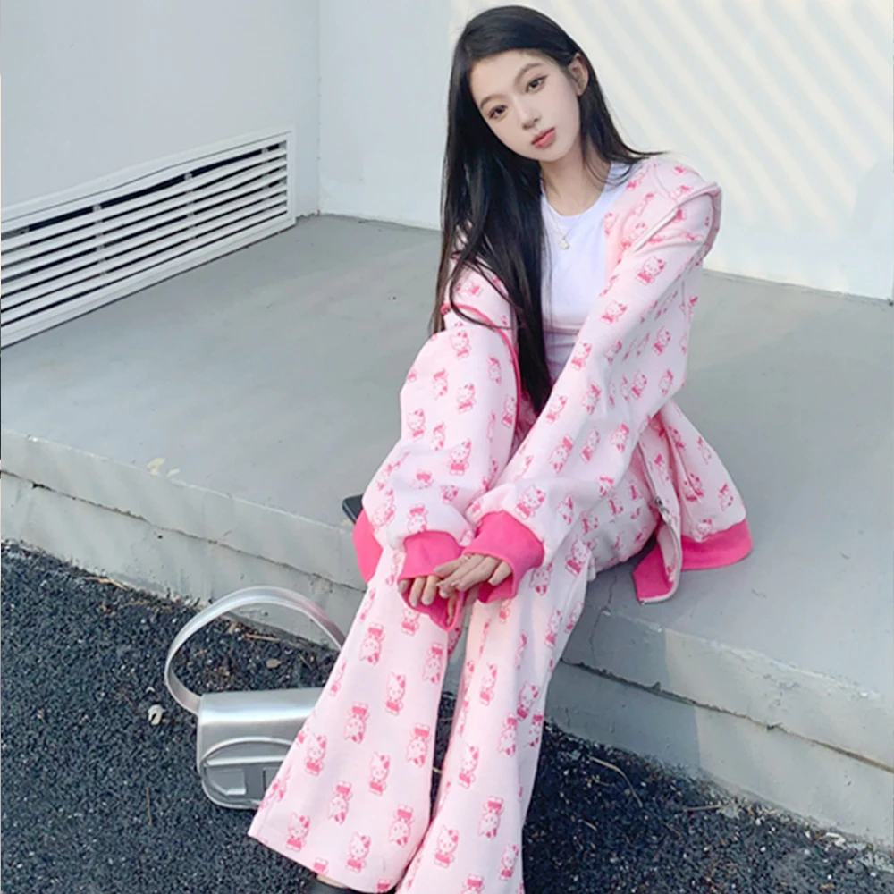 Anime Y2K Hello Kitty Women 2Pcs Sweatshirt Suit Sanrioed Kawaii Spring Cotton Pink Cardigan Wide Leg Pants Student Sweet Trend