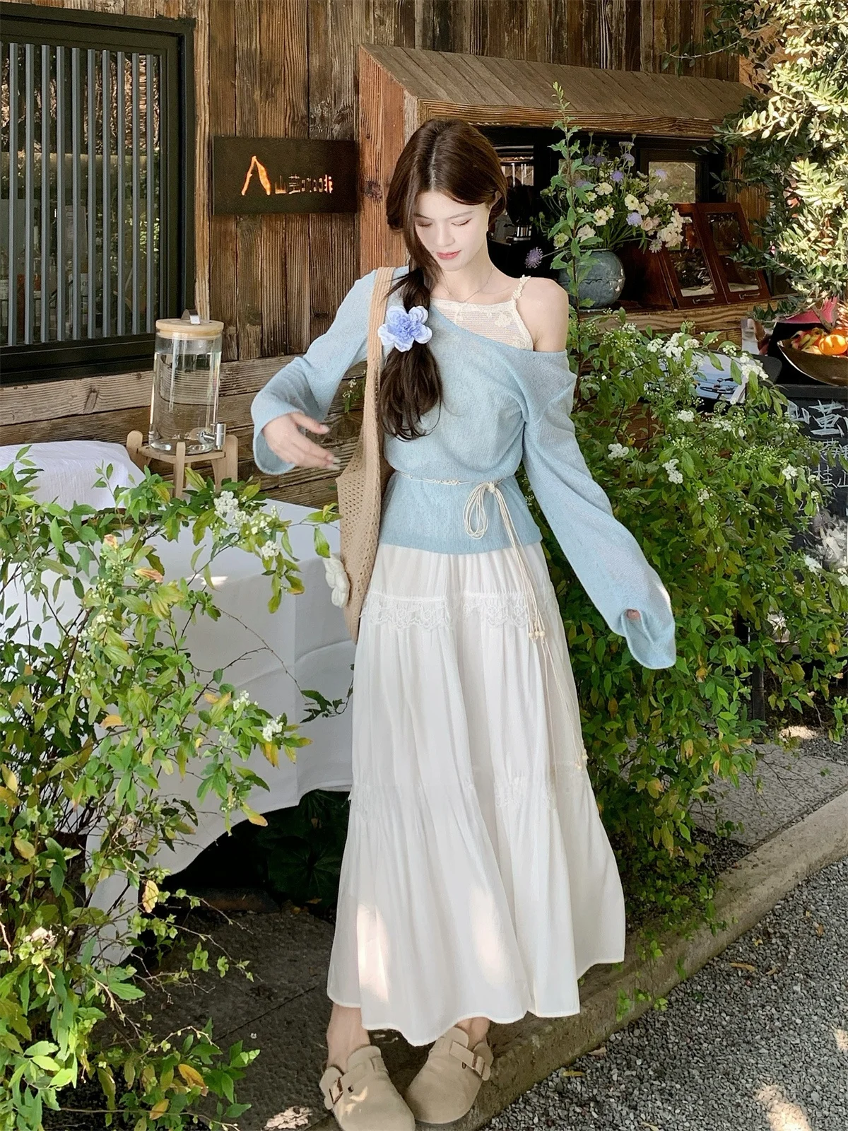 

Sweet Knitted Long Sleeve Top High Waist Lace Patchwork Skirt Set Pure Color Spring Summer Fashion Women's Ensemble