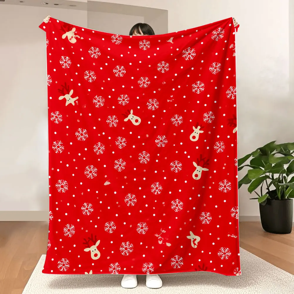 Weihnachtsbedruckte Überwurfdecke – festlicher roter Hintergrund mit weißen Schneeflocken, beige Rentierköpfen und Punkten, weich und gemütlich