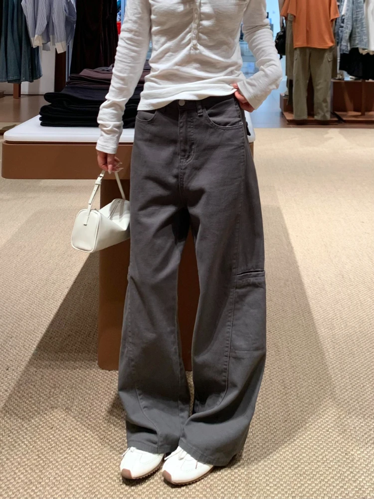 Grey Vintage Women Straight Cargo Pants Autumn Winter High Waist Loose Figure Flattering Draping Wide Leg Floor-length Pants