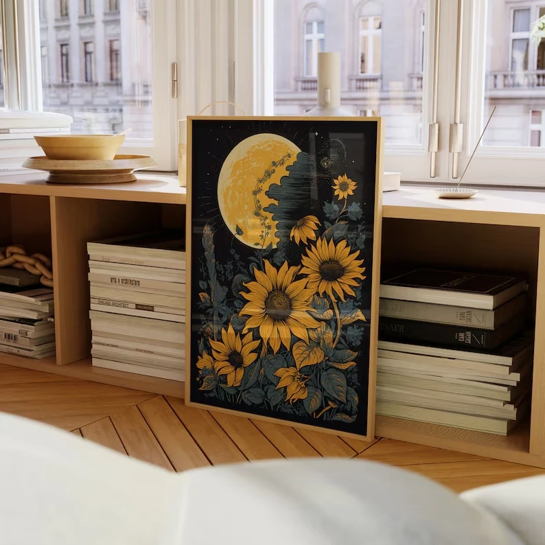 Retro Moon And Sunflowers Block Wall Art Print Canvas Painting Poster Picture For Living Room,Bedroom Home Decor