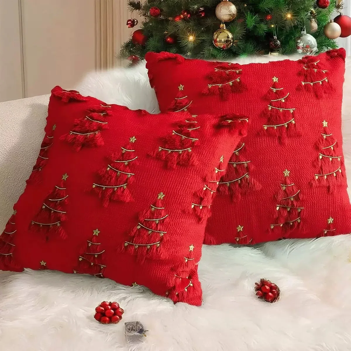 Red Christmas Throw Pillow Covers 18x18 Soft Faux Fur Pillow Cases Holiday Decorations, Fluffy Plush Accent Couch Cushion