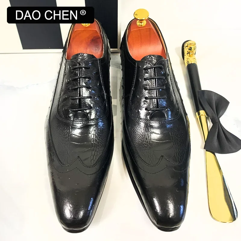 DAOCHEN MEN OXFORD SHOES BROWN BLACK OSTRICH PRINTS SHOES LACE UP FORMAL DRESS MAN SHOE OFFICE WEDDING LEATHER SHOES MEN