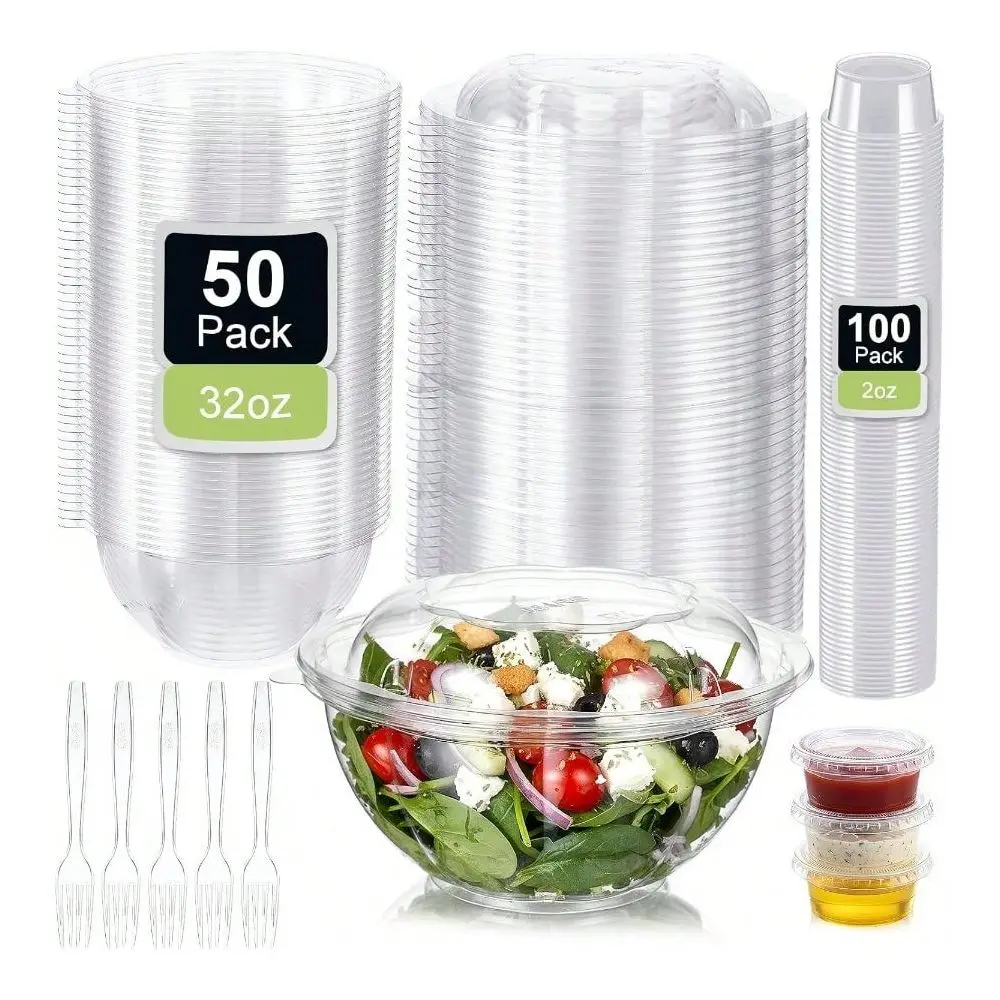 

Bowl 50 Pack 32 Oz Disposable Plastic Salad Bowls With Airtight Lids, Pack 2 Oz Plastic Portion Cups With Lids, 50 Pcs Long For