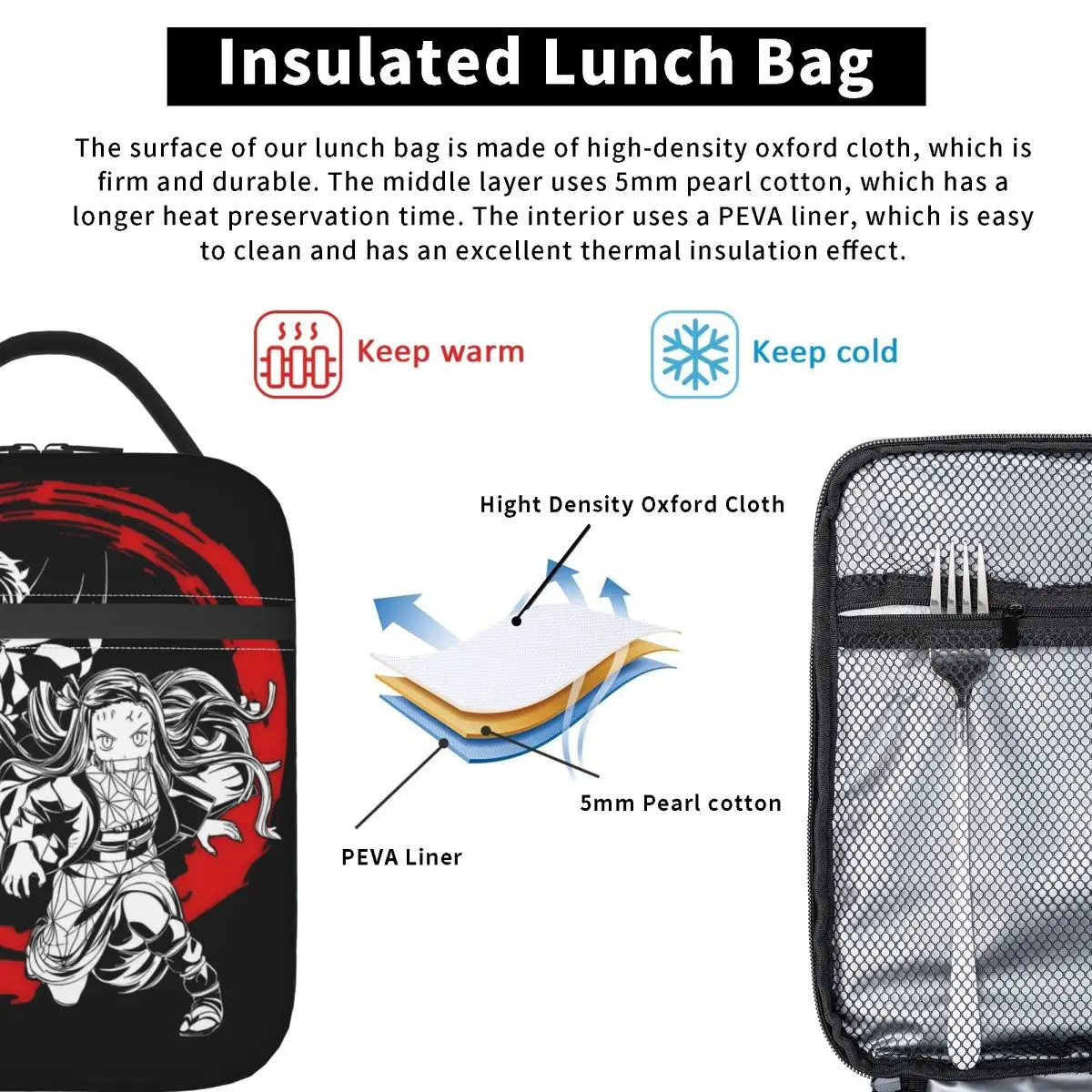 Custom Tanjiro And Nezuko Portable Lunch Boxes Multifunction Demon S-Slayer Thermal Cooler Food Insulated Lunch Bag School view 4