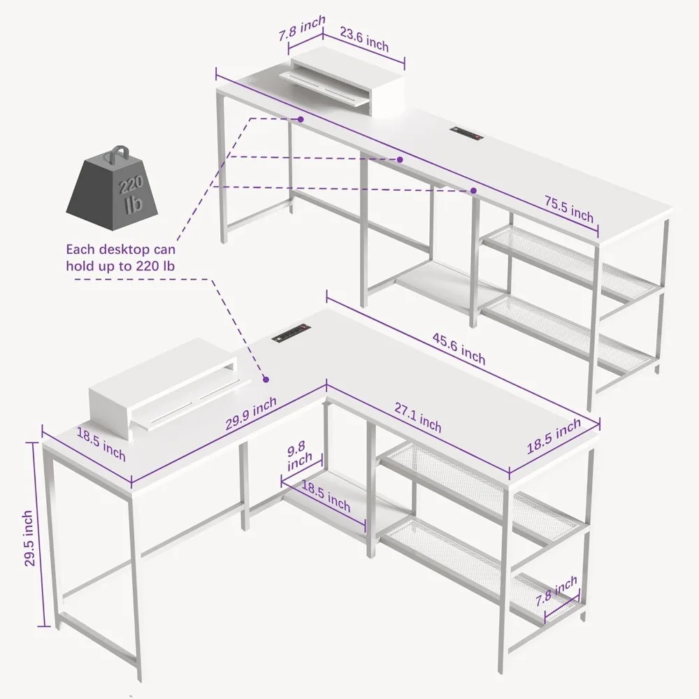 Mesa em forma de L com tomadas elétricas, mesas de computador de madeira com suporte para monitor e prateleiras de armazenamento, mesa de canto Mesas de escritório brancas