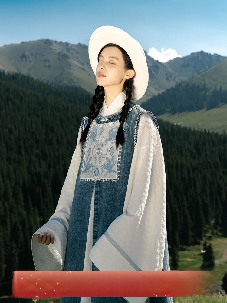 

July Evening Original Hanfu Set Women's Denim Qiypa Jaet Ma Face Skirt Han Su Sle Long irt Dust-Free Illusion