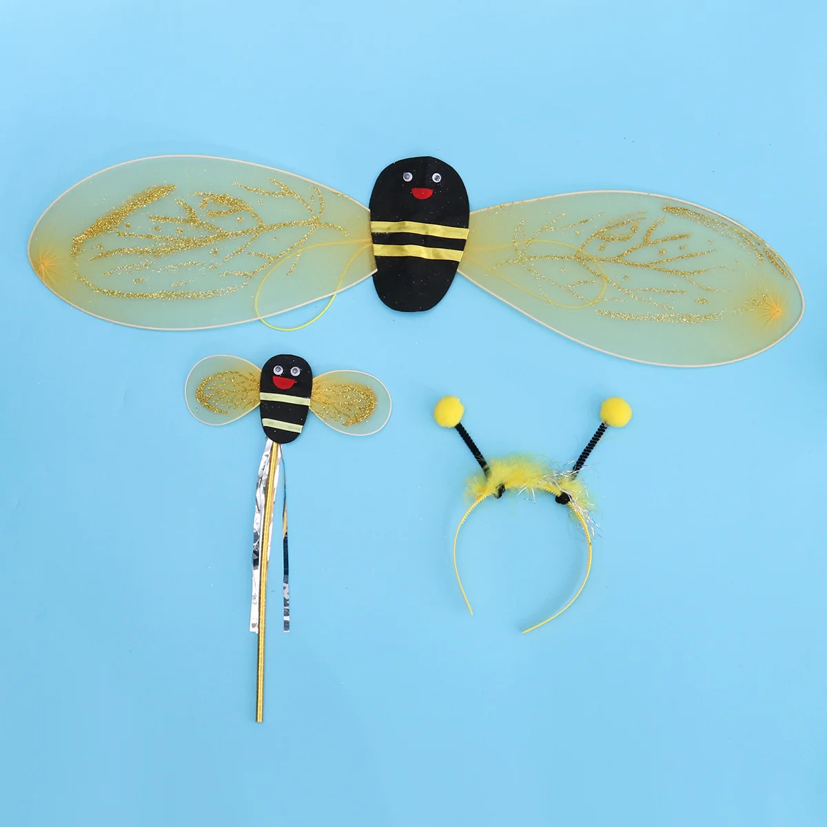 어린이 꿀벌 의상 날개 머리띠 지팡이 세트 3개, 노란색, 프리사이즈, 학교 무대 공연용 어린이 꿀벌 의상