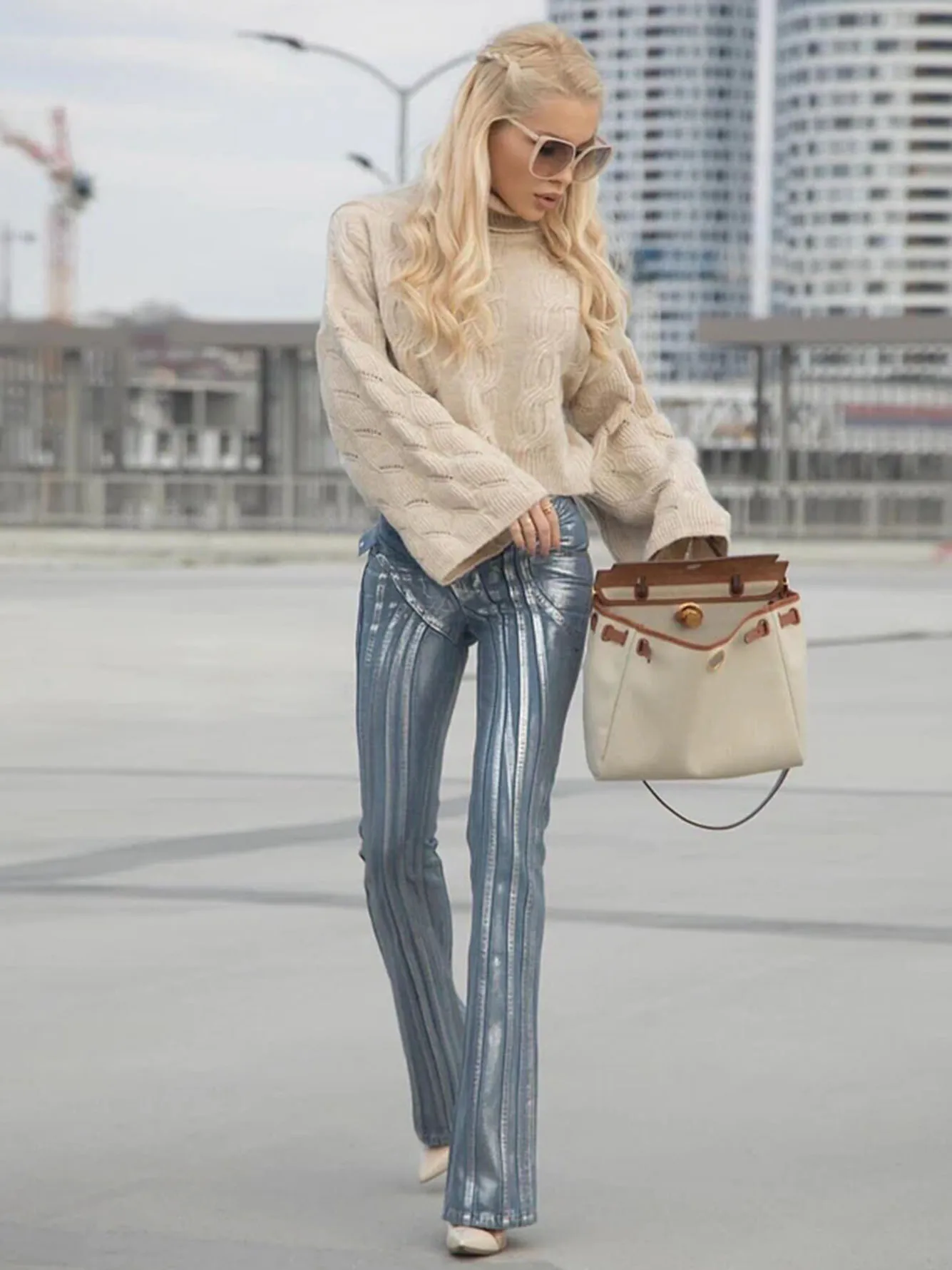 

High Quality 2024 New Summer Women'S Hot Stamping High Waisted Pants Sexy Diagonal Buttons And Striped Straight Leg Jeans