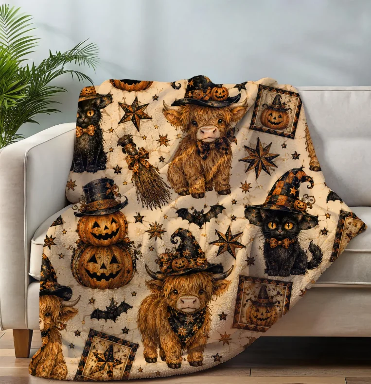 Jeepers Creepers Highland Cow Pumpkin Pattern Blanket  Halloween Velveteen Throw Sofa, Bedroom Blanket, Home Decoration
