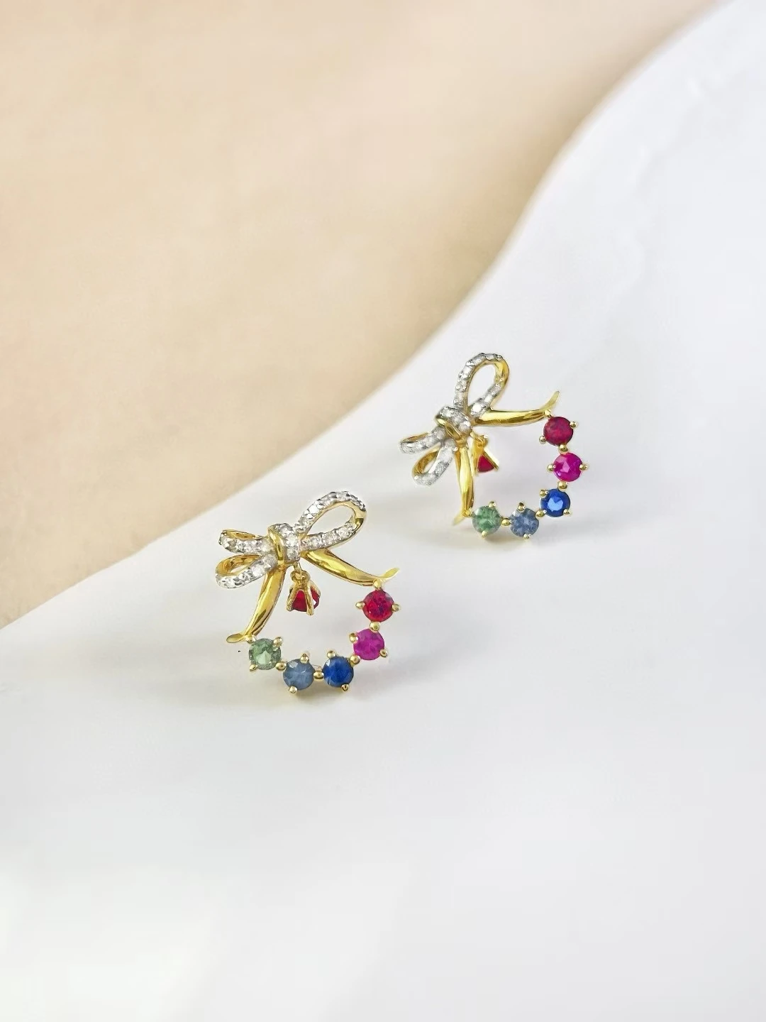 

18K real gold natural diamond bow pants earrings colored jewel earrings women's fashion boutique jewelry Valentine's Day gift wh