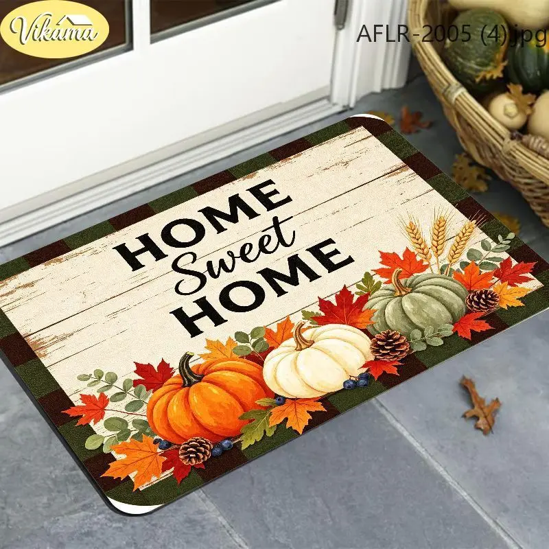 VIKAMA Fall Doormat Buffalo Check Home Sweet Home Plaid Letters Pumpkin Maple Leaves Front Door Mat Indoor Outdoor Home Decor