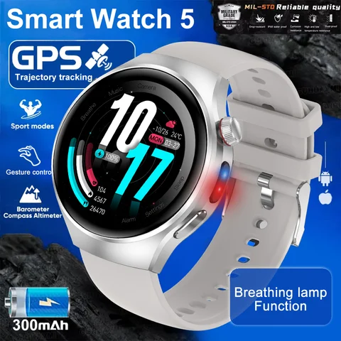New Watch 5 Pro Smart Watch Men Breathing Lamp outdoor Sports  SmartWatch Always Display GPS Compass Blood oxygen SOS Smartwatch