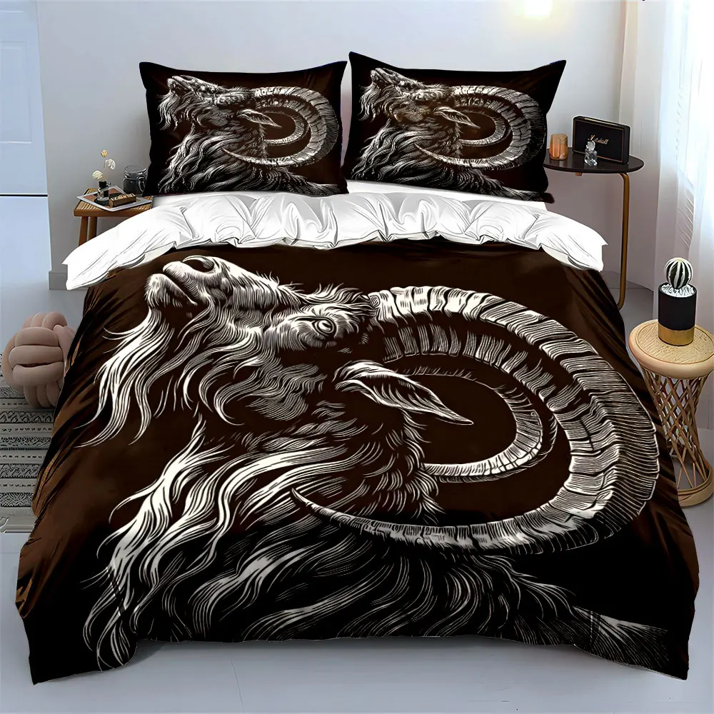 Black and white goat side portrait Duvet Cover Set Digital Print Colorful Polyester Bedding with Zipper Closur for kids gifts